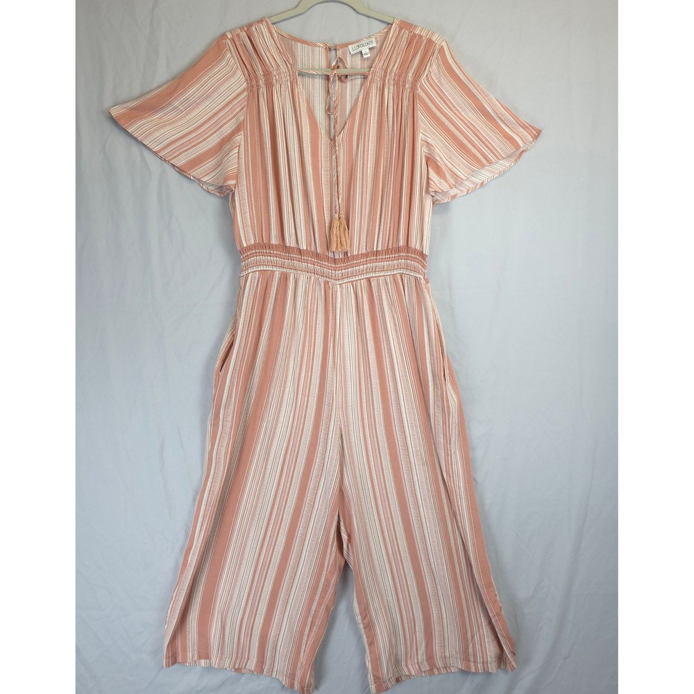 Luxology Peach Stripe Wide Leg Cropped Jumpsuit Tassel Tie Boho Women L Coastal